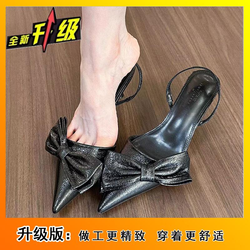 2025 весна и лето новые черные туфли-лодочки на французском каблуке с ремешком, с острым носком, модные сандалии с бантом для женщин