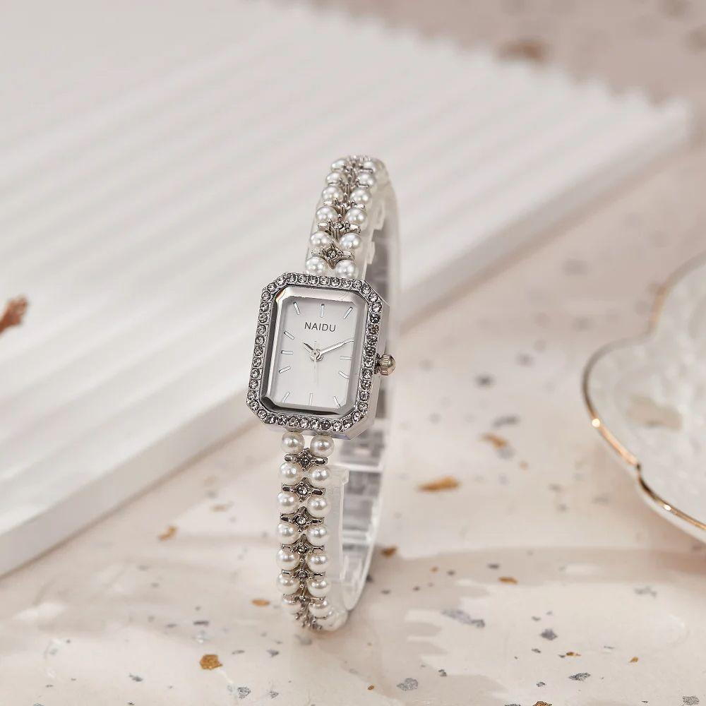 Модные Роскошные Женские Наручные Часы Стразы Квадратный Циферблат Ремешок из Имитации Белого Жемчуга Водонепроницаемые Женские Кварцевые Часы Reloj