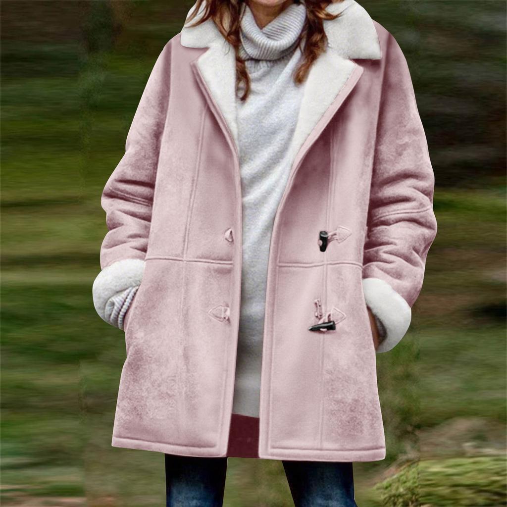 Women's Fashionable Coat Solid Color Long Sleeved Pocket Loose Button Plush Jacket