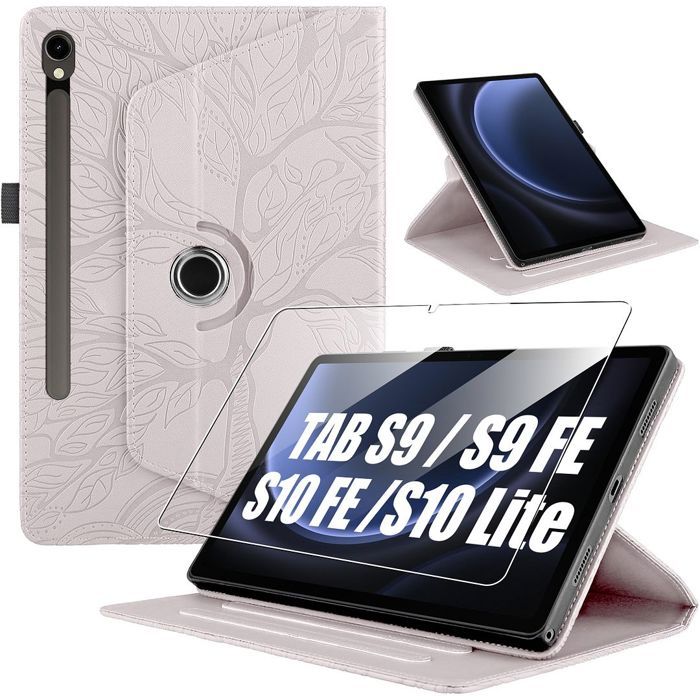 Coque + Verre Trempé pour Samsung Galaxy Tab S9/S9 FE/S10 FE/S10 Lite, Etui Rotatif Cuir PU Rose