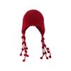 Handmade fringed ball red knitted wool hat thermal bald hat winter ear protector tied hat trendy hat children
