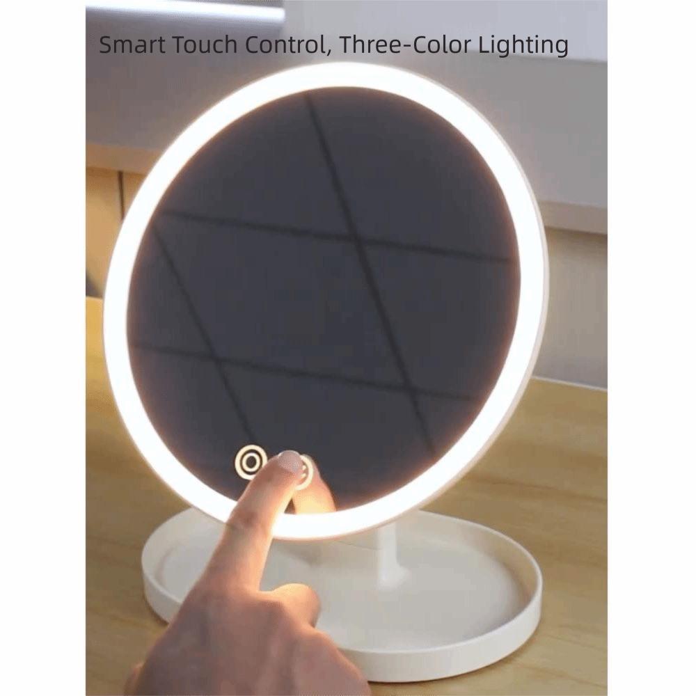 Rotatable Makeup Mirror with LED Light Tricolor Light Adjustable Desktop Mirror Travel