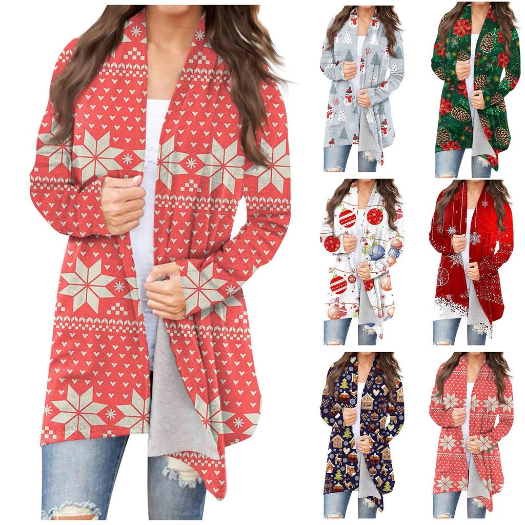 Women's Fashion Casual Christmas Print Medium Length Cardigan Jacket Coat
