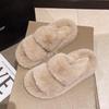 Женские тапочки на толстой меховой подошве - двойная полоска, косой вырез, осенне-зимнее тепло