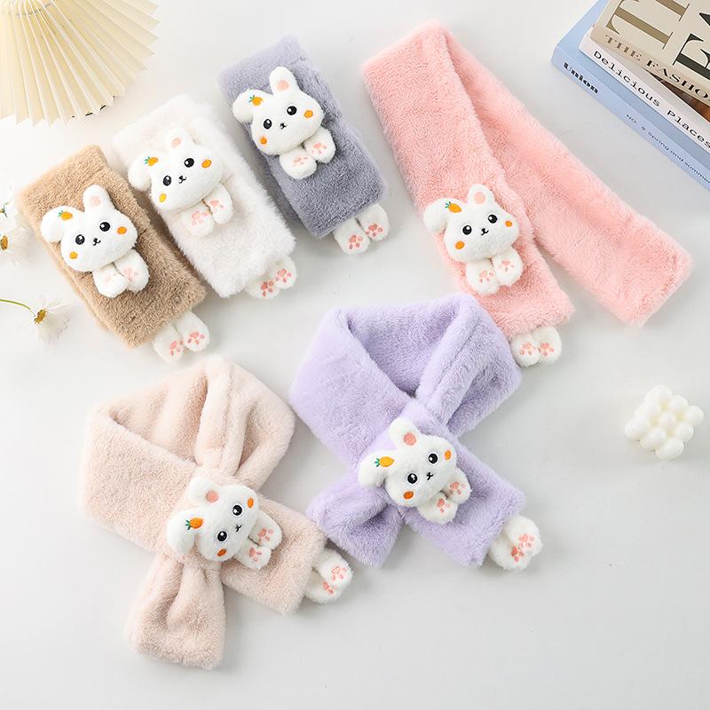 Зимние шарфы для мальчиков и девочек, толстый плюшевый детский шарф с крестиком, детский нагрудник, милый мультяшный кролик, искусственный мех, защита шеи, теплая шаль