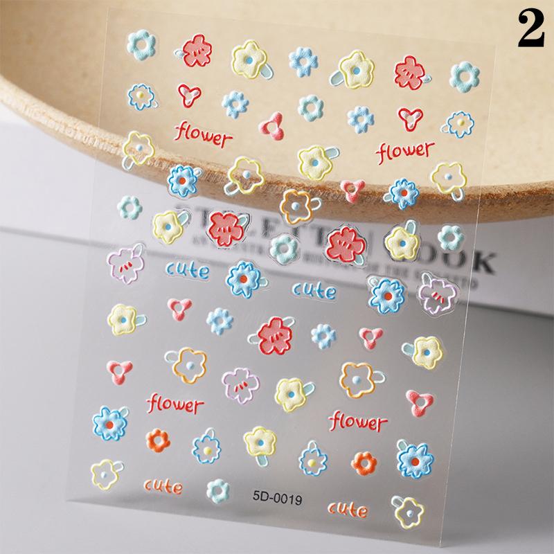 Dopamine Colored Relief Nail Stickers Cartoon Line Flower Pink Sweet Style Cute Nail Sticker Nail Art Diy Decoration