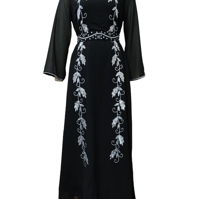 Luxury Women's Embroidered Dress for Muslim Parties, Waist Tied and Slim Fitting Long Style