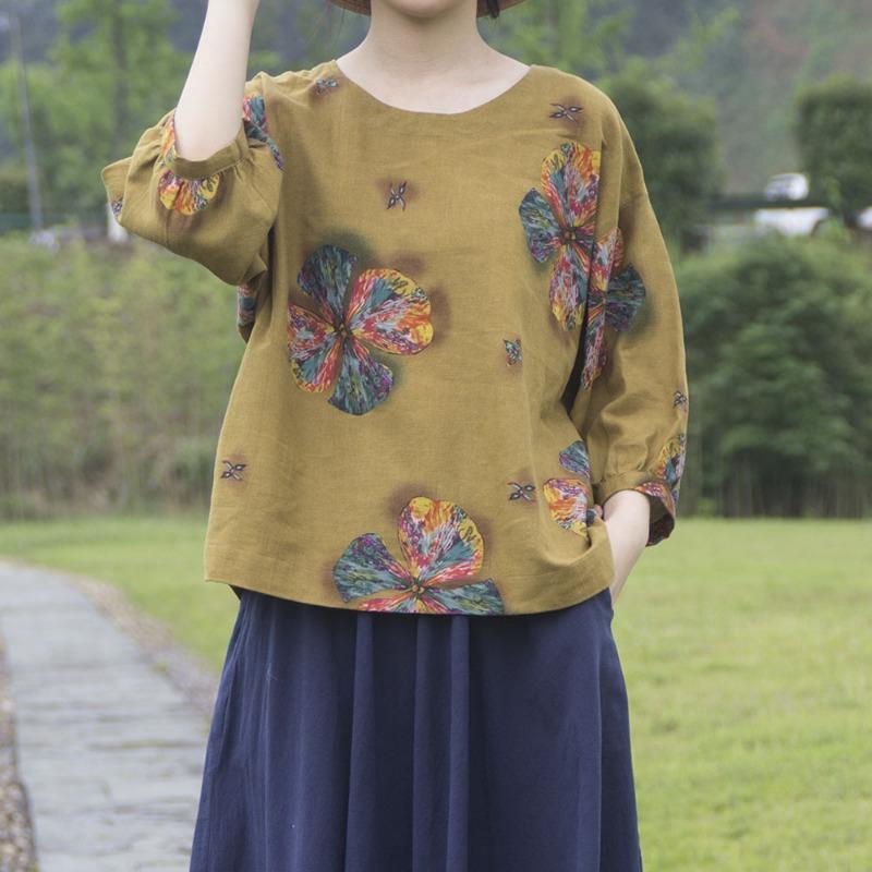 Летняя женская одежда Этнический принт хлопковая льняная блузка Топ Круглый вырез Рукава семь четвертей Футболки