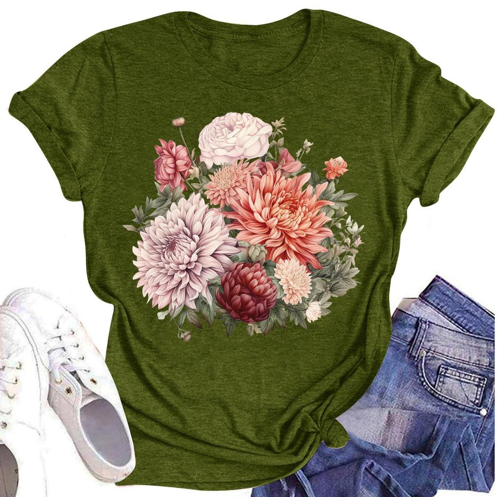 Women's Casual Round Neck Floral Print Short Sleeve T-Shirt Top