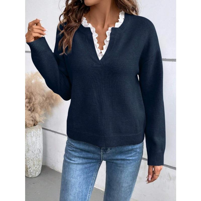 Women S Lace V Neck Solid Color Long Sleeve Knit Sweater