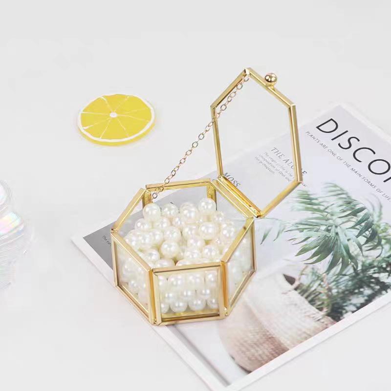 High-End Hexagonal Ring Box, Gold And Jewelry Accessory Box, Golden Glass Luxurious And Retro Jewelry Storage Box