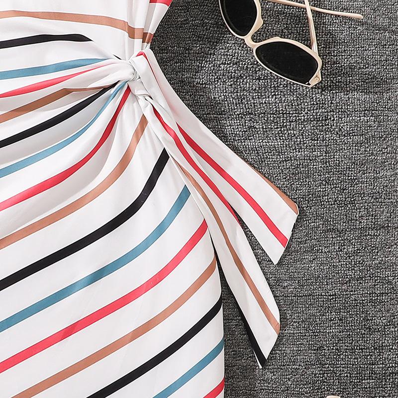 Женская одежда Летний темперамент Элегантный поясной ремень Полосатый круглый вырез с короткими рукавами Длинное платье