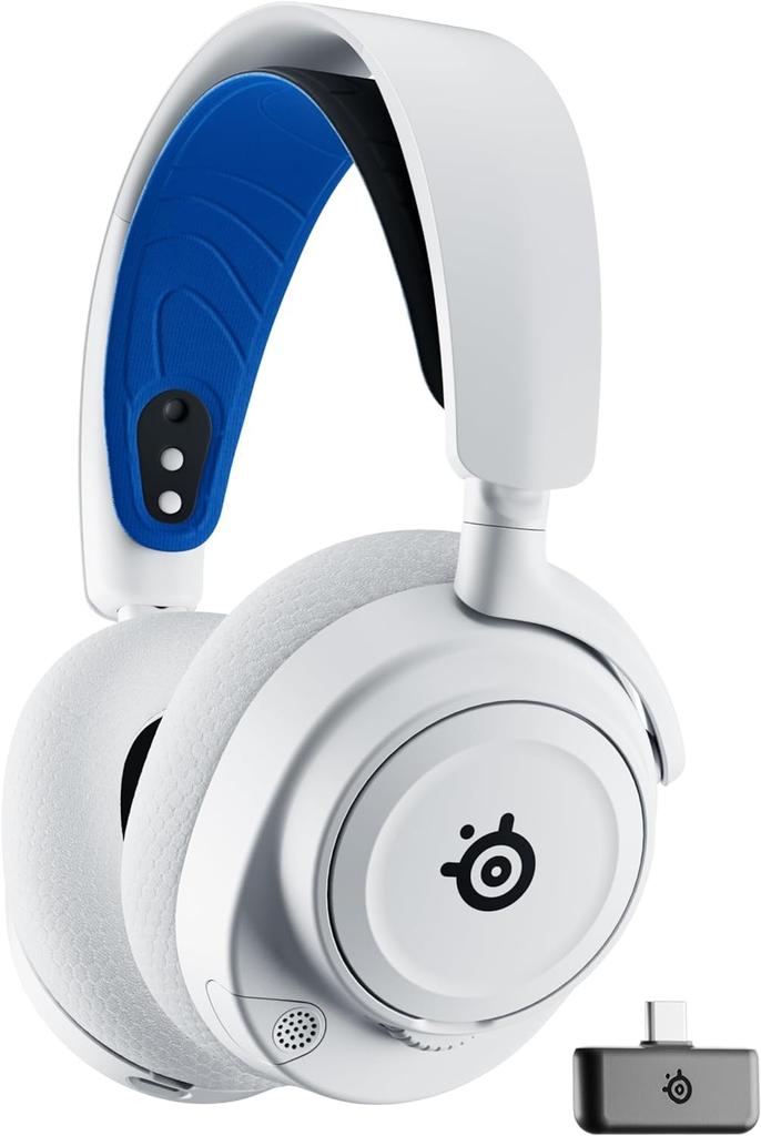 SteelSeries Wireless Gaming Headset Voice Chat Simultaneous Connection to Games and Arctis Nova Compatible with AI Noise Spatial 61561 White x Blue