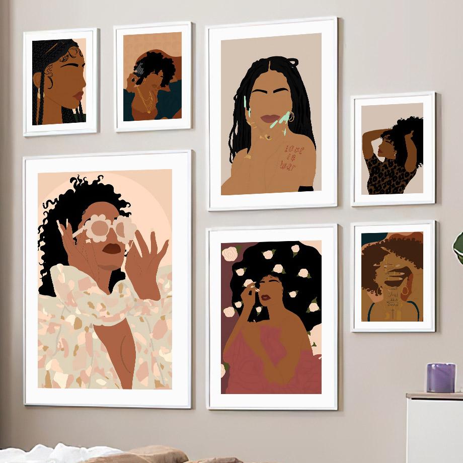 Очки с цветком, модные поп-черные девушки, настенное искусство, холст, живопись, постеры и принты, настенные панно для гостиной, украшения дома