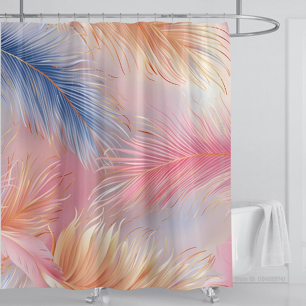3D Feather Shower Curtain Set Colorful Printed Design Fabric Bathroom Decoration Waterproof Washable Shower Curtain with Hooks