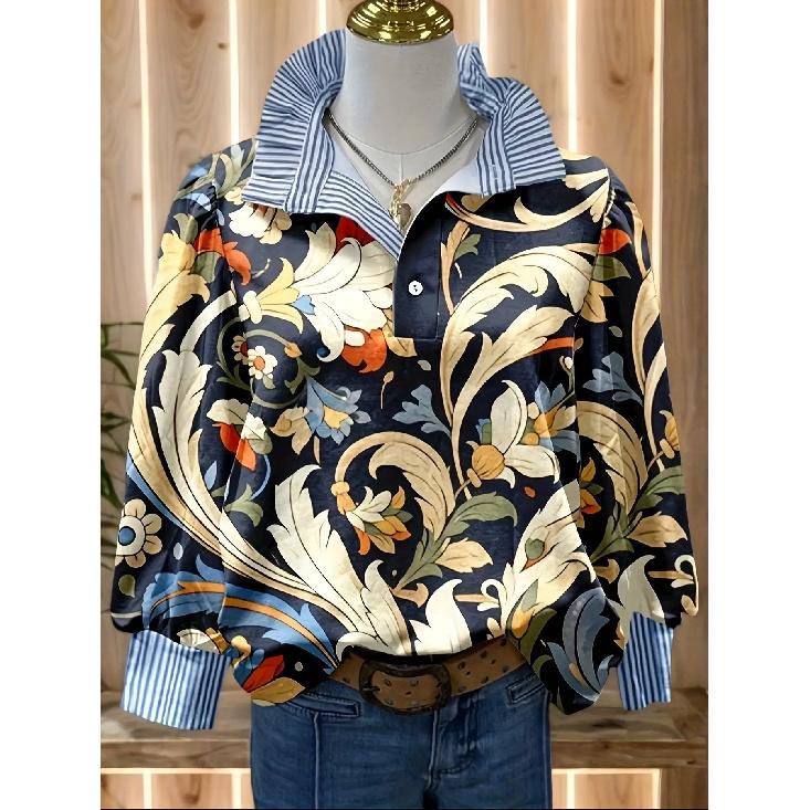 Женская блузка в ретро-рождественский узор - отложной воротник, длинный рукав, свободный повседневный силуэт, праздничный топ с принтом елки, подходит для осени/зимы