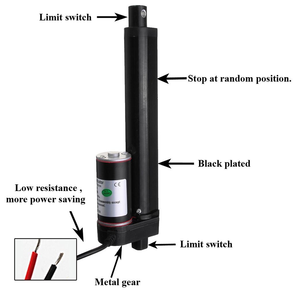 Линейный привод постоянного тока 12 В 225 фунтов 900 Н Электрический линейный двигатель Расстояние перемещения Ход 50 мм 100 мм 150 мм 200 мм 300 мм 400 мм Черный