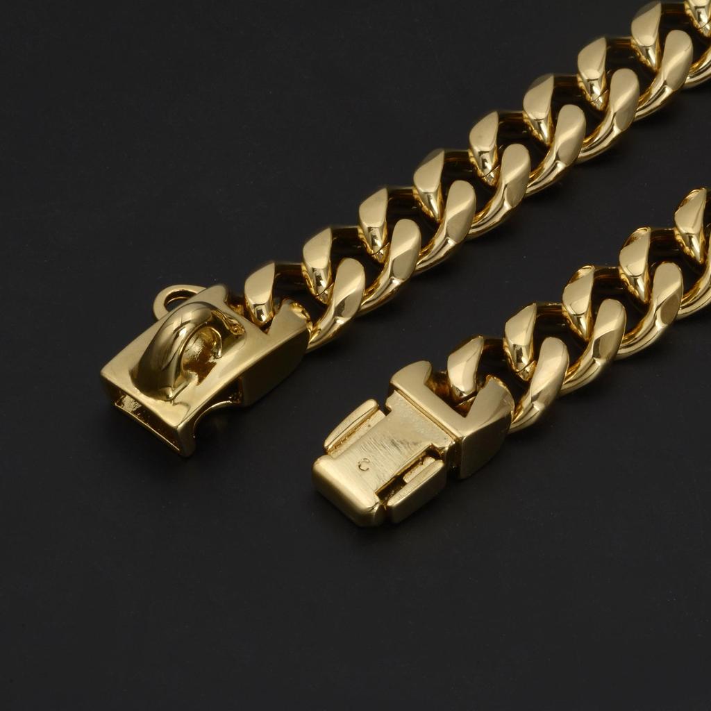 Золотая цепочка-колье для собак из нержавеющей стали, 15 мм, толстое кубинское звено для ошейника для собак Pitbull, ошейники для домашних животных, чихуахуа, Correa Perro