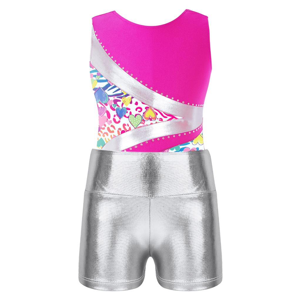 Детские гимнастические купальники без рукавов с круглым вырезом для девочек и шорты, наряды для спортивных танцев, велосипедки