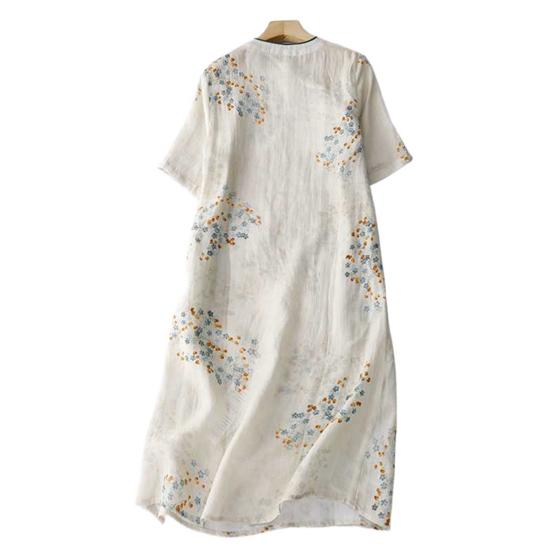 Vintage Floral Print Midi Cheongsam Qipao Dress for Women Loose Short Sleeve Chinese Style Dress with Pockets for Wedding