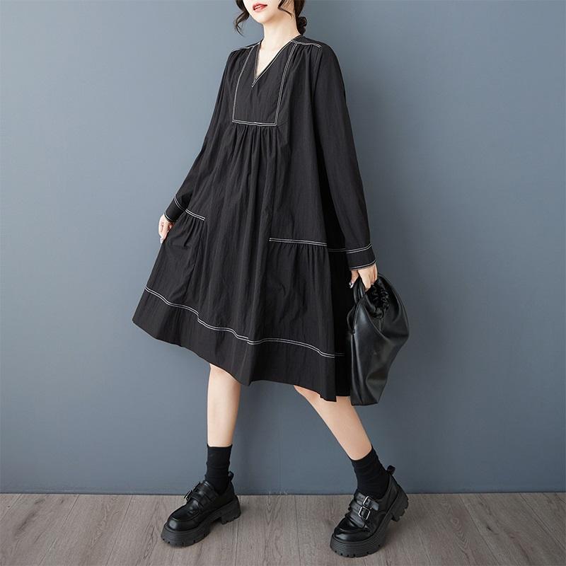 Long Sleeve Plus Size Vintage Black New In Dresses for Women Casual Loose Midi Spring Autumn Dress
