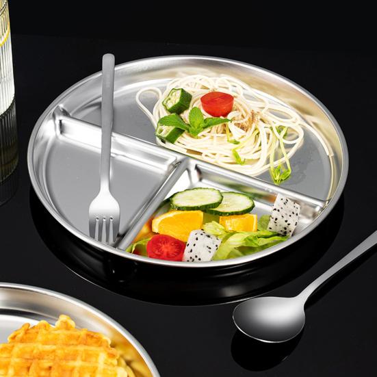 Пищевая круглая тарелка с утолщенными краями из нержавеющей стали, 3 сетки, отсек для еды, поднос для еды, кухонные принадлежности