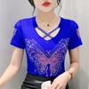 Высококачественный женский сексуальный топ с V-образным вырезом крест-накрест, блестящая футболка с бабочкой и горячими бриллиантами, летняя брендовая женская эластичная облегающая сетчатая футболка