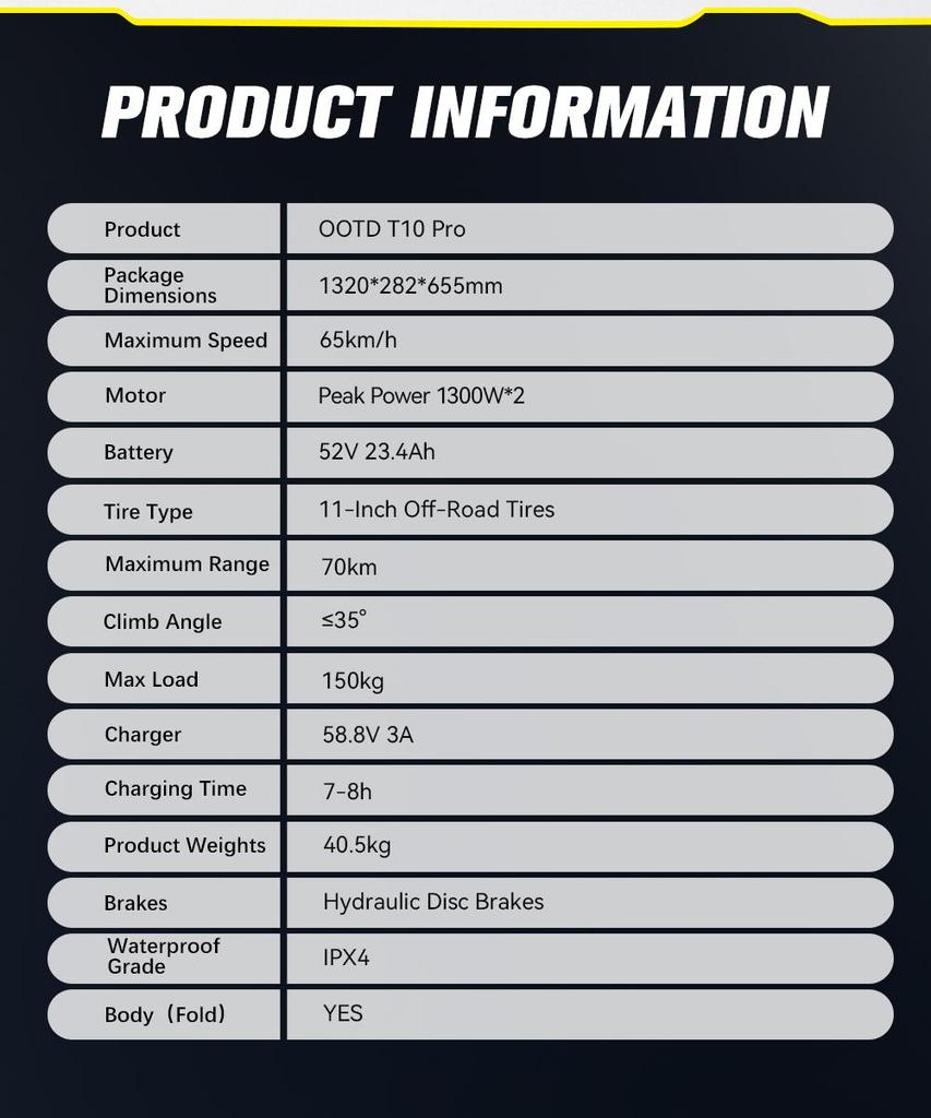 Electric Scooter Foldable OOTD 11" 1300Wx2 Motor Hydraulic Brake 52V 23.4AH Fully Suspended Adult Electric Scooter Max Load 150Kg Black T10 Pro