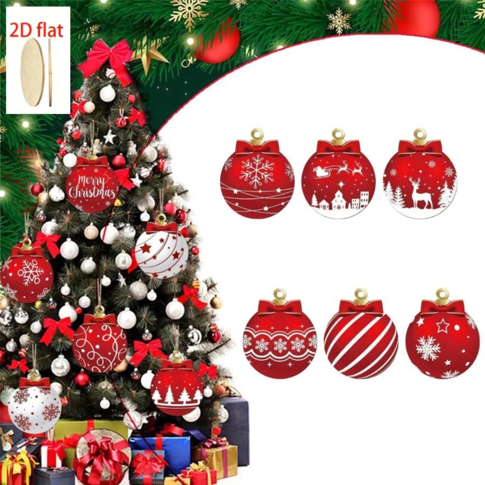 12PCS Wooden Christmas Ball Ornaments Red White Elk Snowflake Xmas Tree Decor Holiday Winter Party Hanging