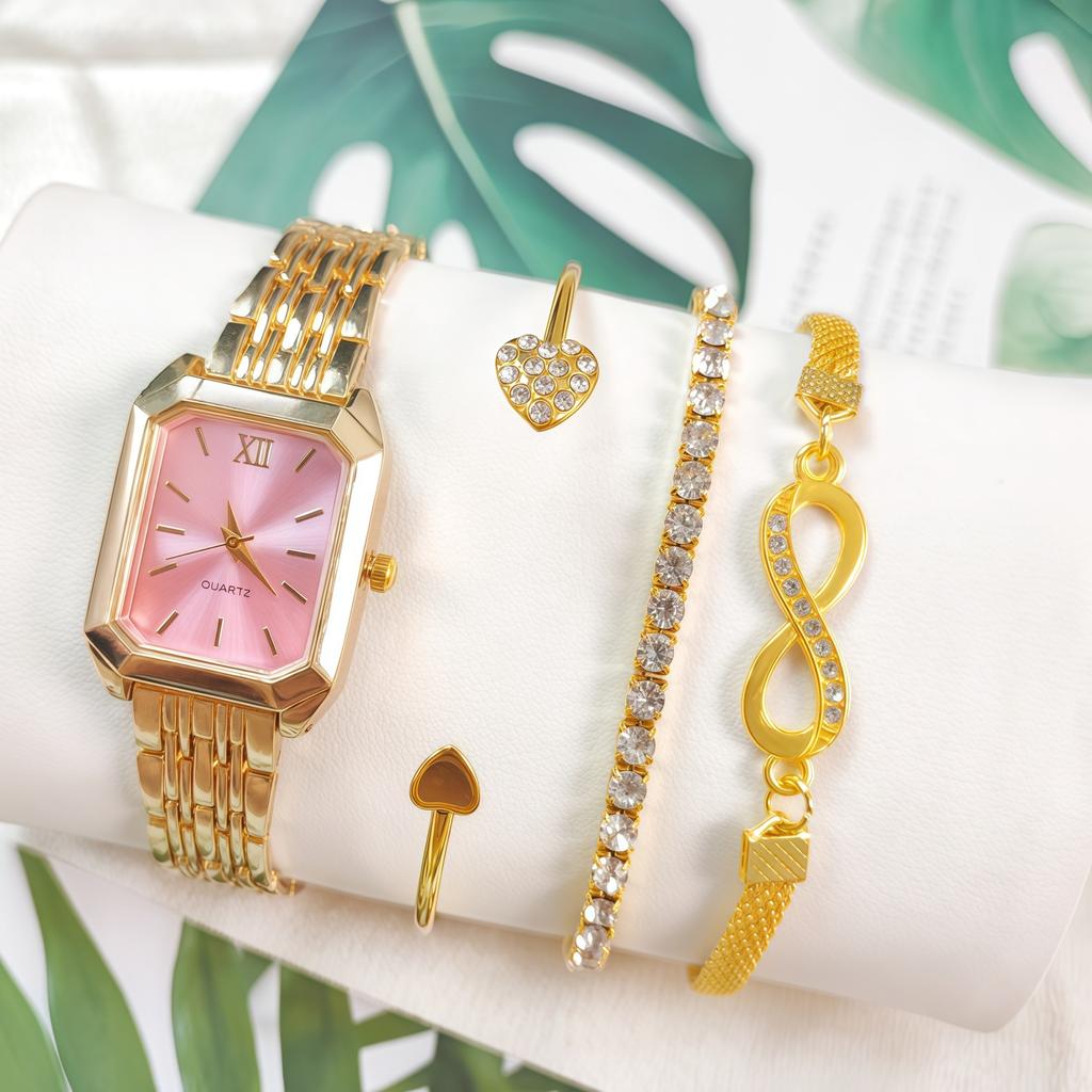4pcs Women's Classic Gold Plated Alloy Zircon Wristwatch Bracelets Set Engagement Gift for Valentine's Day Party Business Office