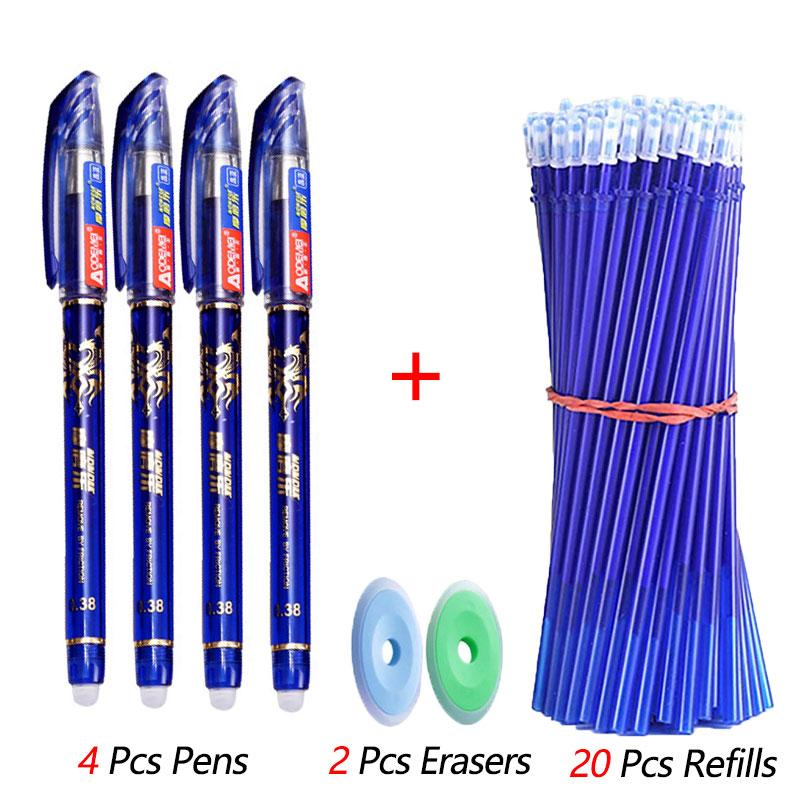 4+2+20 Pcs/Set Kawaii Erasable Gel Pens 0.35mm Waterproof  Blue/Black/Red Gel Ink Stationery School Supplies for Office Student