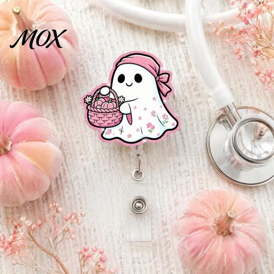 Smooth Retractable Cord Reel Halloween Ghost Badge Reel, Glitter Acrylic Holder Clip, Cute Pink Clear ID Name for Women Nurse Teacher Medical