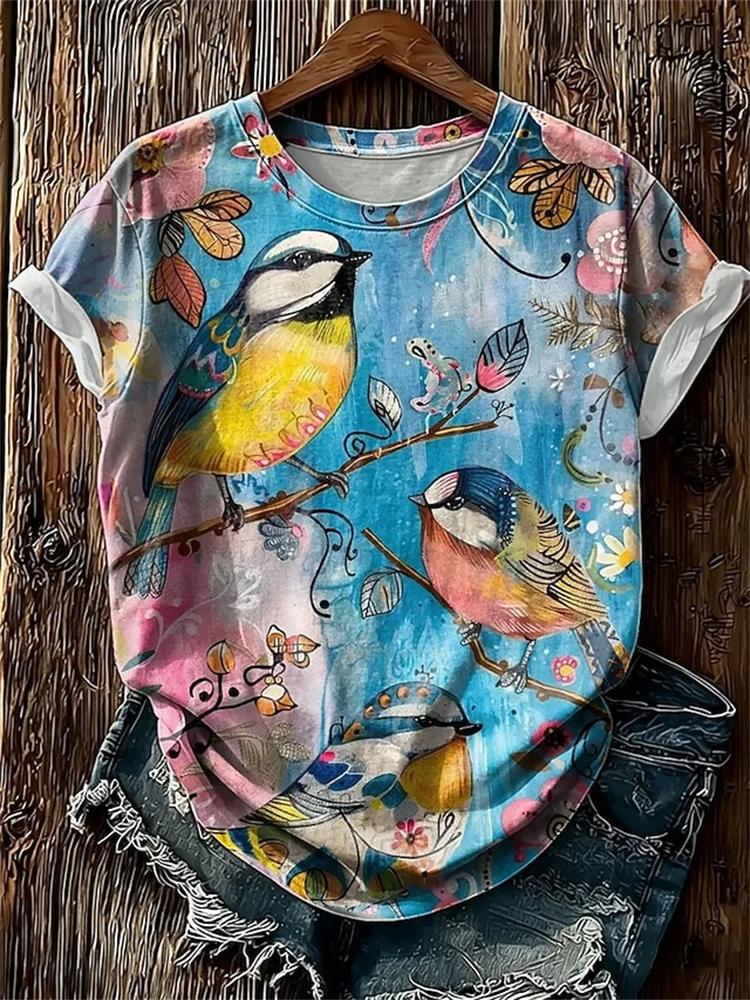 2026 Women's Fashionable Casual Round-Neck Short-Sleeve T-Shirt Bird-Print T-Shirt Trendy Streetwear Short-Sleeve Top