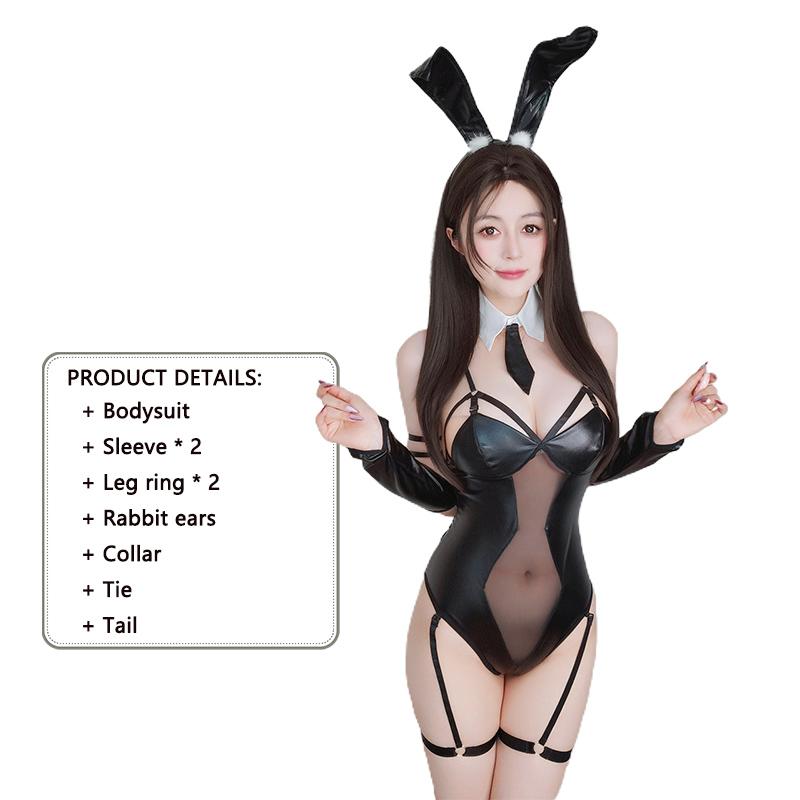 Эротический Косплей Костюм Кожаное Боди с Глубоким V-образным Вырезом Плюшевый Хвост Аниме Горничная Форма Женский Комбинезон Кролика с Открытой Спиной Костюм