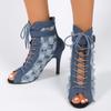Fashion Sexy Peep Toe Denim Ankle Boots Women Stiletto High Heels Gladiator Summer Booties Woman Zipper Cross-Tied Dress Shoes Ladies