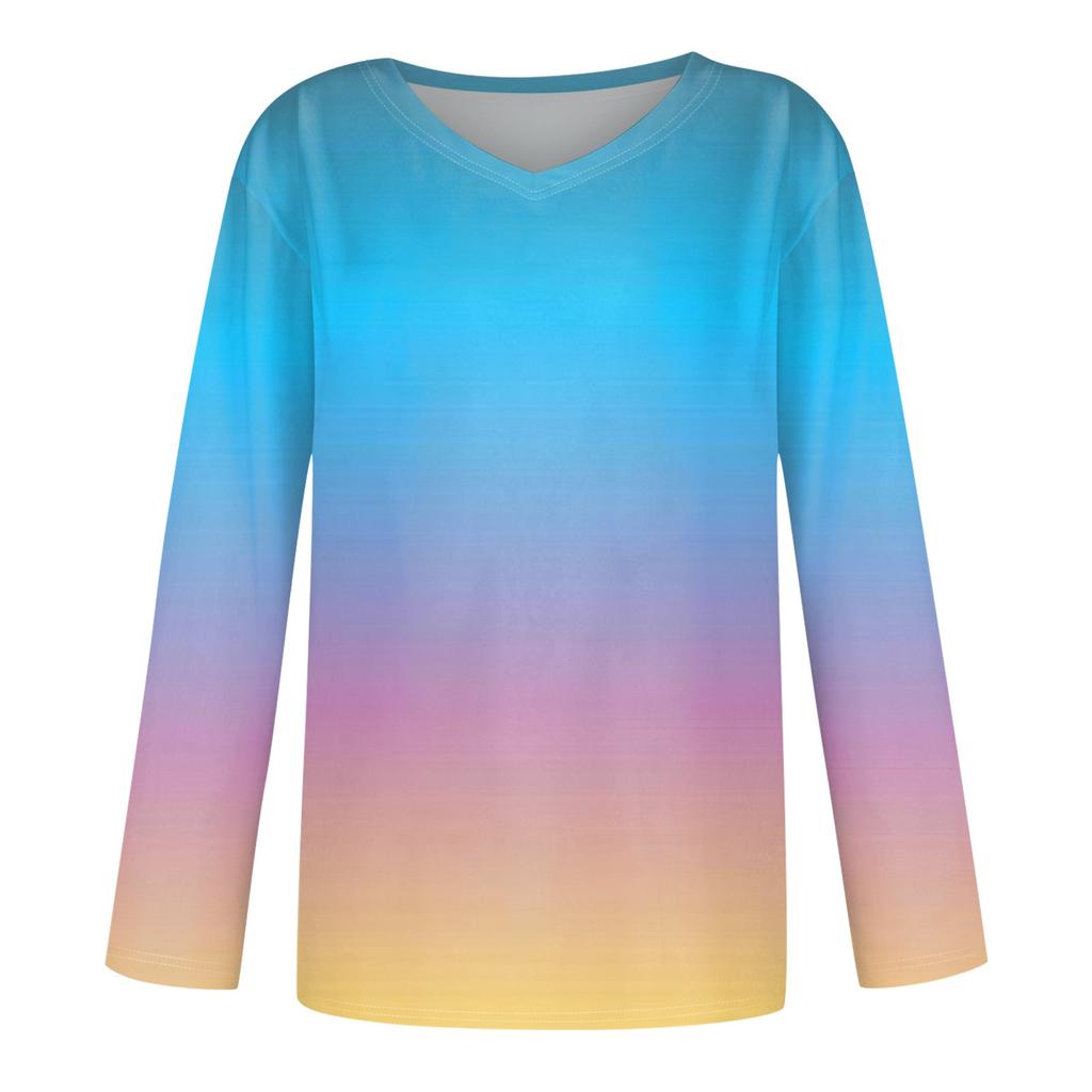 Women's Fashion Casual V Neck Long Sleeve Printed T-Shirt Ladies Top
