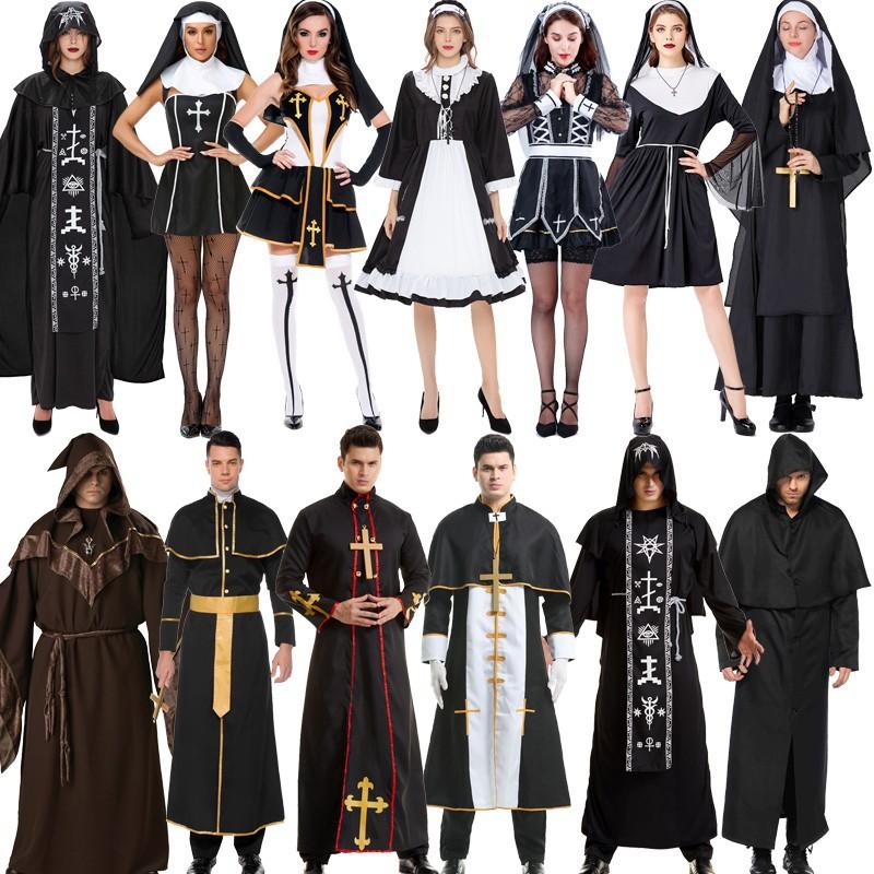 Halloween men's and women's nun/priest red and black robes, vampire costume, wizard robe set