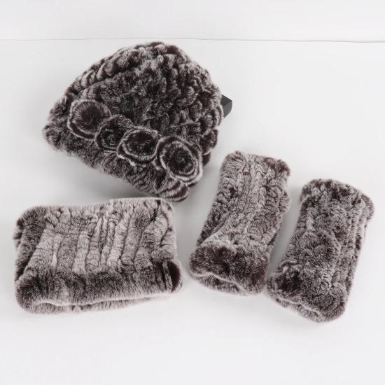 New Winter 3 Pieces Knitted Real Rex Rabbit Fur Hat Scarf Gloves Sets Women Natural Rex Rabbit Fur Warm Cap Scarves Mittens
