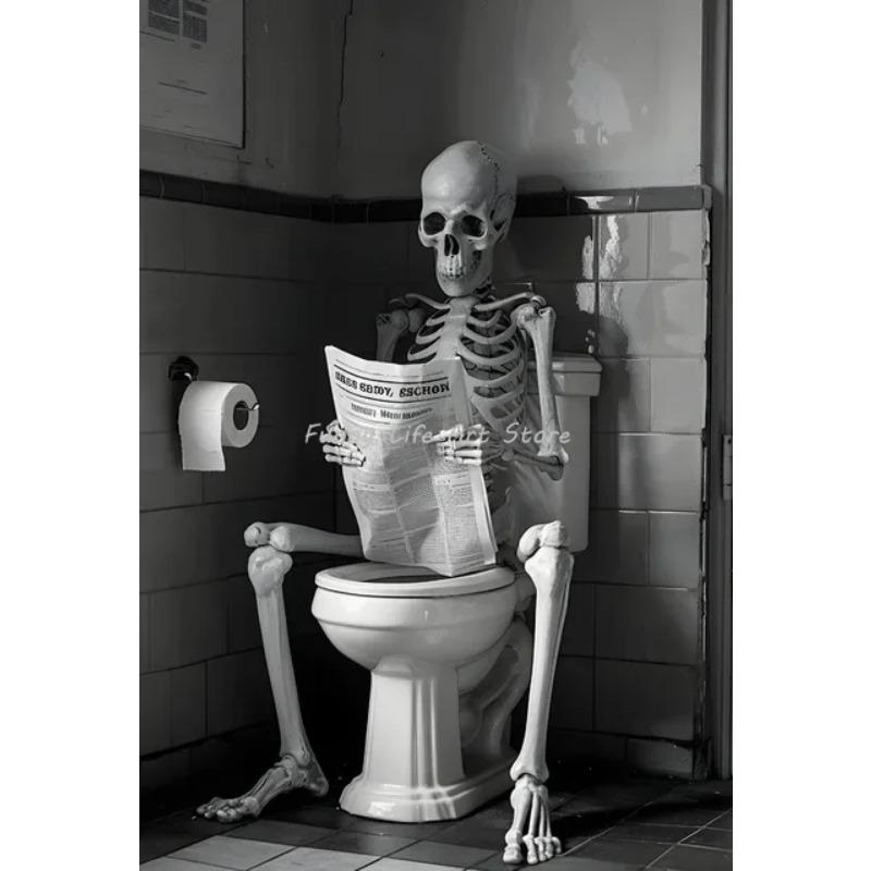 Gothic Ghost Skeleton Reading in Toilet Halloween Poster Canvas Painting Spooky Wall Decor for Living Room Bathroom and Home