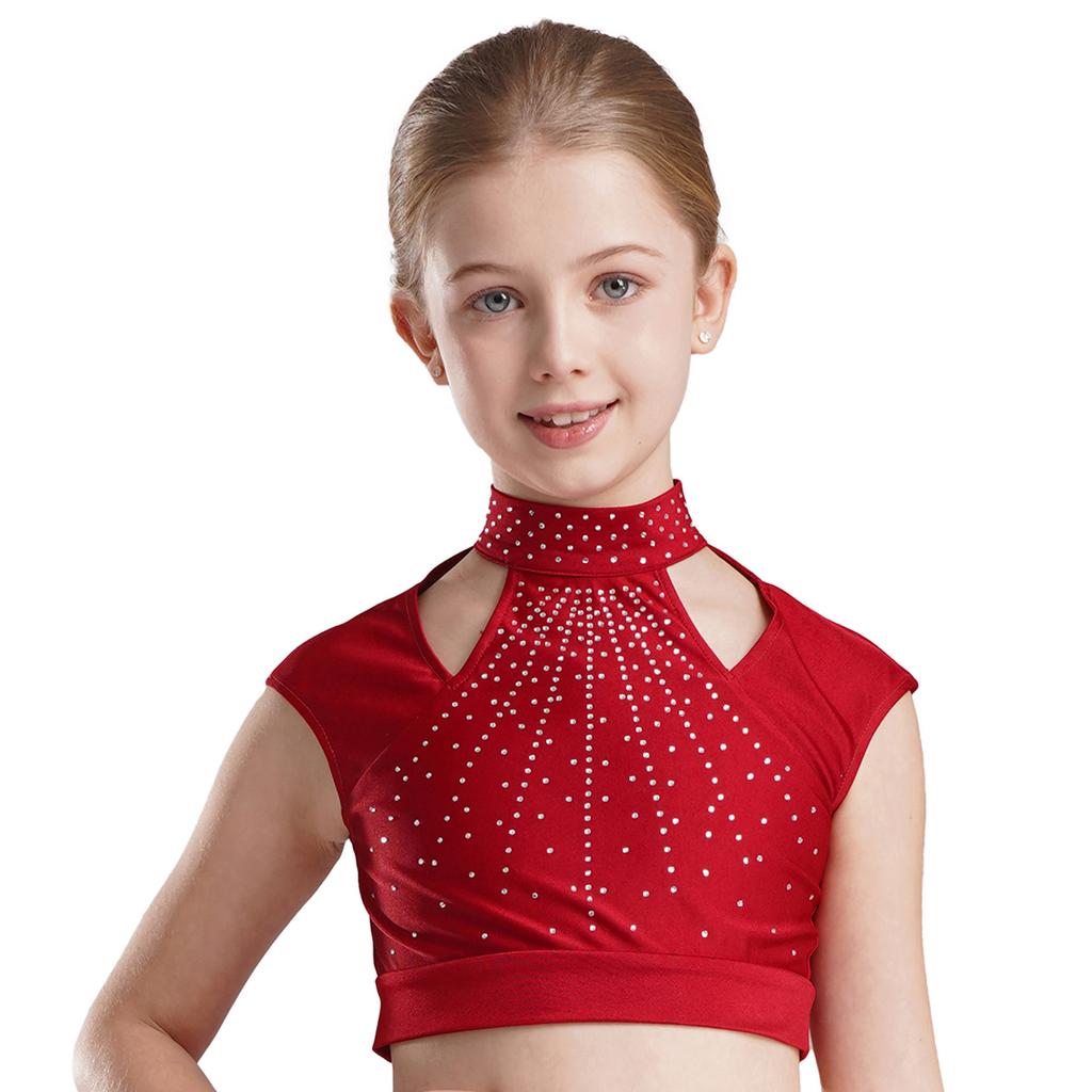 Girls Sleeveless Crop Top Shiny Rhinestones Cutout Design with V Front Waistband Shorts Dance Outfit