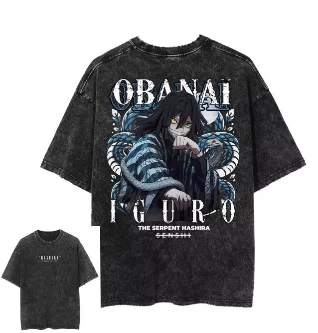 Anime Demon Slayer T Shirt Iguro Obanai Tshirt Men Women Clothes Vintage Washed Streetwear Short Sleeve Cotton Loose