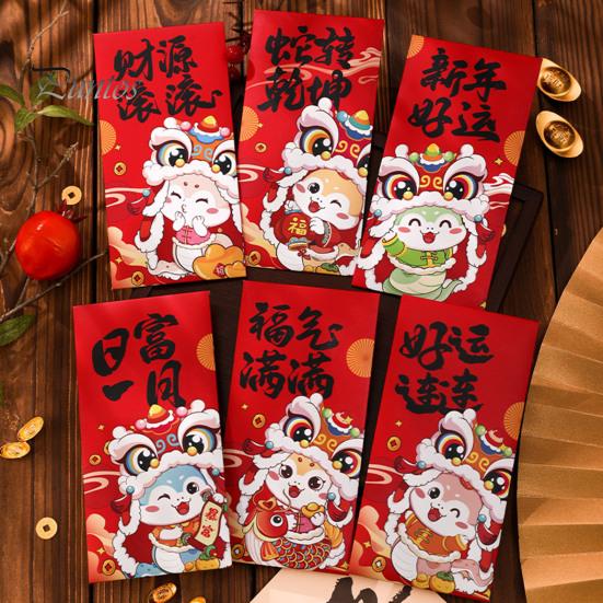 6 шт. Красные конверты «Год Змеи» 2025, китайский Новый год, сумка для счастливых денег, мультяшный знак зодиака Змея, красный карман для празднования весеннего фестиваля
