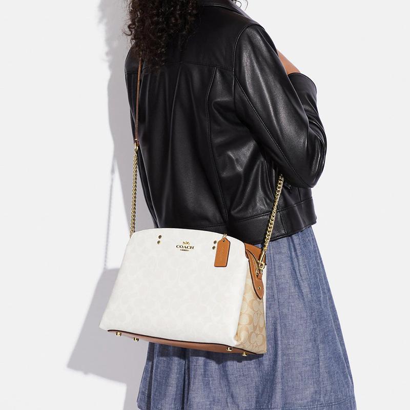Coach Lillie 32 Classic Monogram Canvas And Smooth Leather Shoulder Crossbody Tote Bag Large Women bags White Brown CA628-IMRFI