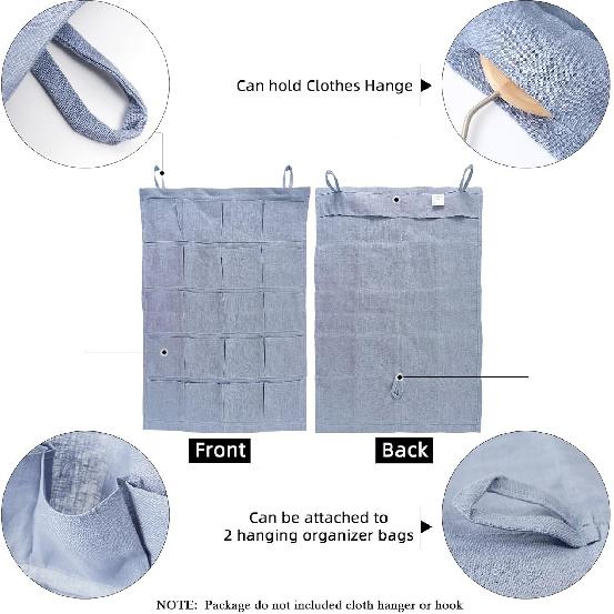 100% Linen Hanging Storage Bag with 20 Pockets, Wall Hang Over The Door Closet Organizer for Socks Underpants, Blue