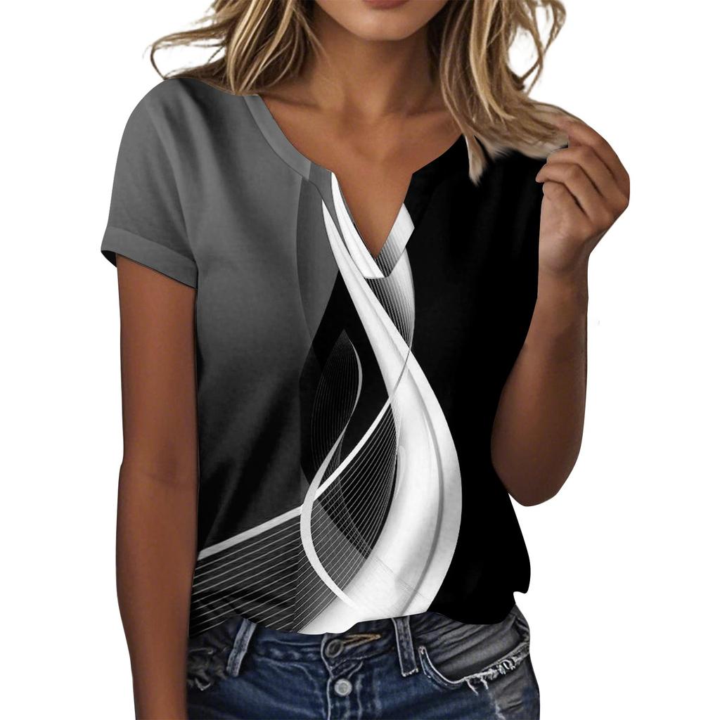 Женская повседневная футболка с цветочным принтом, пуловер с V-образным вырезом и коротким рукавом