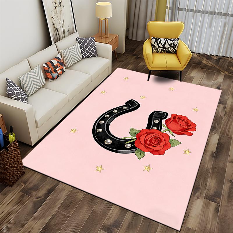 Pink Carpet with Black Horseshoe, Red Roses, and Yellow Stars Design Suitable for use as an anti-slip for living room bedroom sofas