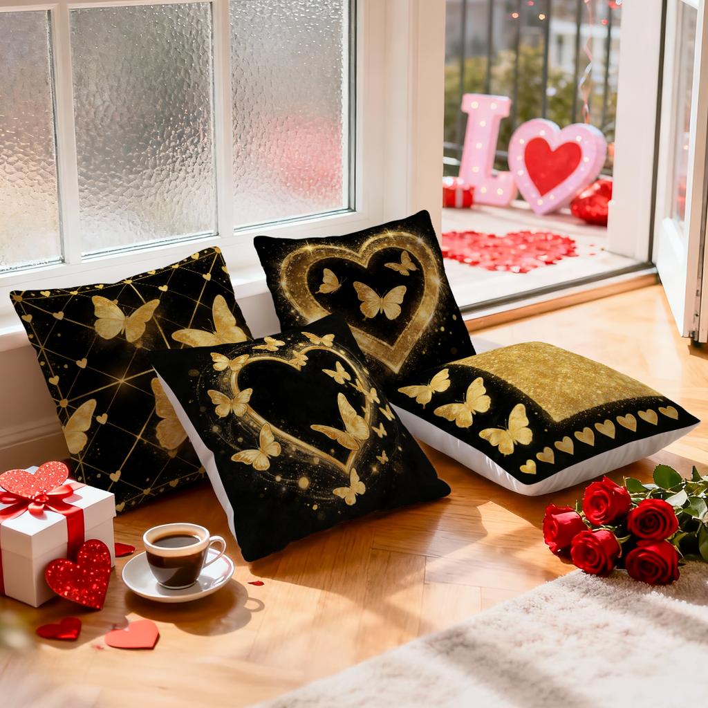 4 Pcs Golden Butterfly And Heart Single-Sided Printed Pillowcase Cushion Cover,Suitable For Living Room,Bedroom,Car Decoration
