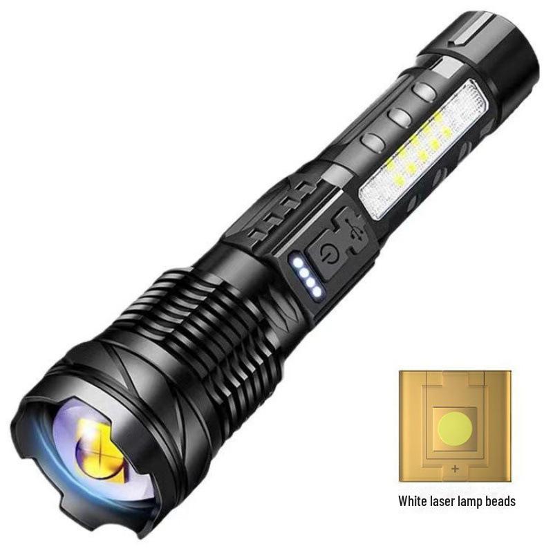 USB Rechargeable Multi-Function Outdoor Flashlight with White Laser, Side Red & Blue Warning Lights