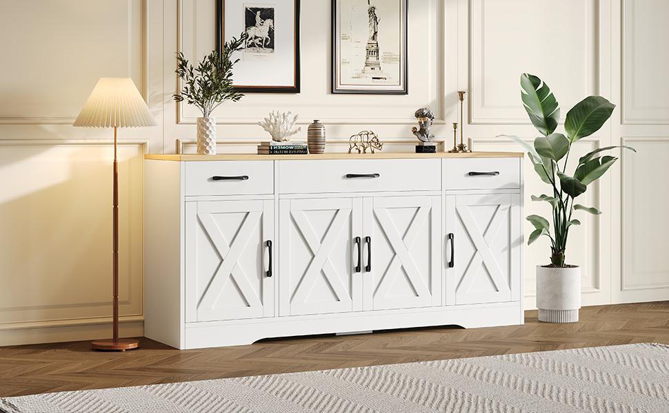 Modern White Sideboard, Multifunctional Wooden Cabinet, Living Room-Dining Room Cabinet, White Sideboard with Decoration