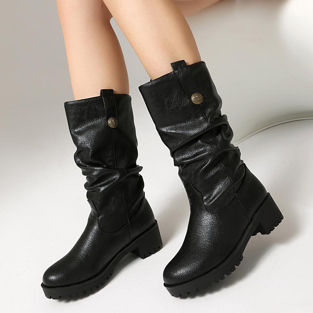 Women's Low-heeled Boots Autumn and Winter New European and American Thick-heeled Large-size Roman Medium Boots